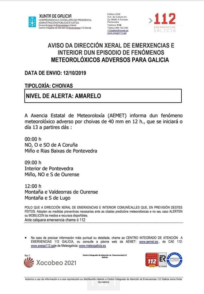 Aviso Xunta de Galicia por lluvias